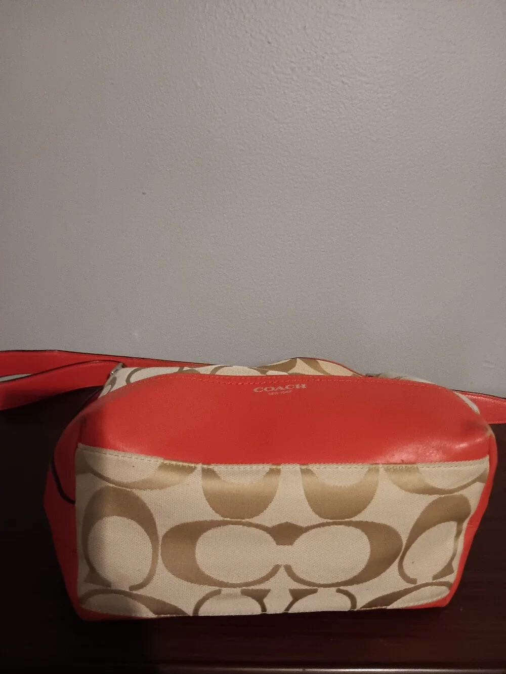 Coach Beige Signature Canvas Shoulder Bag with Red Trim